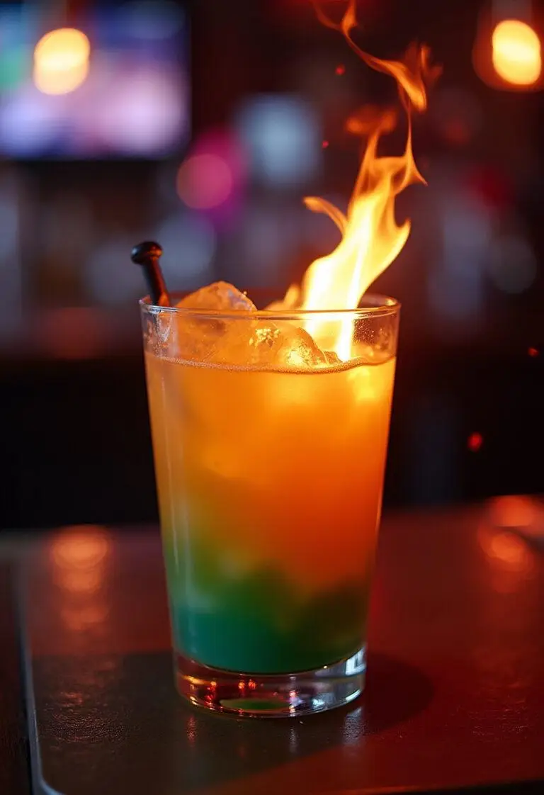Completed Flaming Moe Drink with flames, perfect for enjoying in a festive setting.
