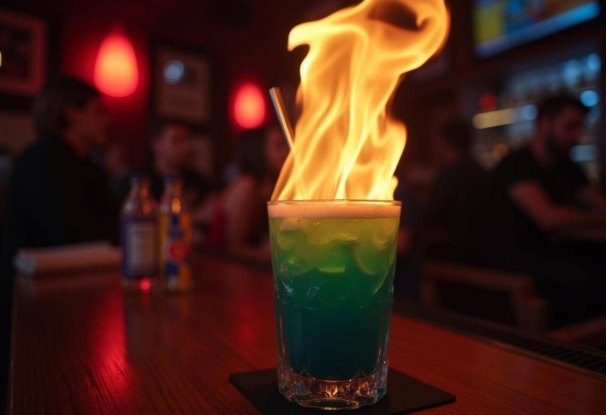 Completed Flaming Moe Drink with flames, perfect for enjoying in a festive setting.