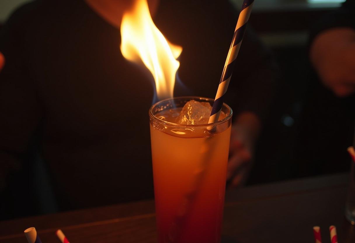 Flame ignited over The Simpsons Flaming Moe Drink in a cozy bar environment.
