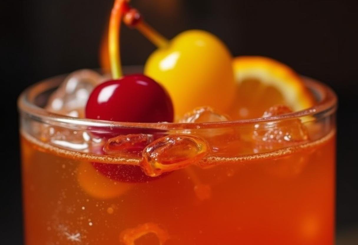 Garnished Flaming Moe Drink with orange and cherry, showcasing its vibrant colors and flames.