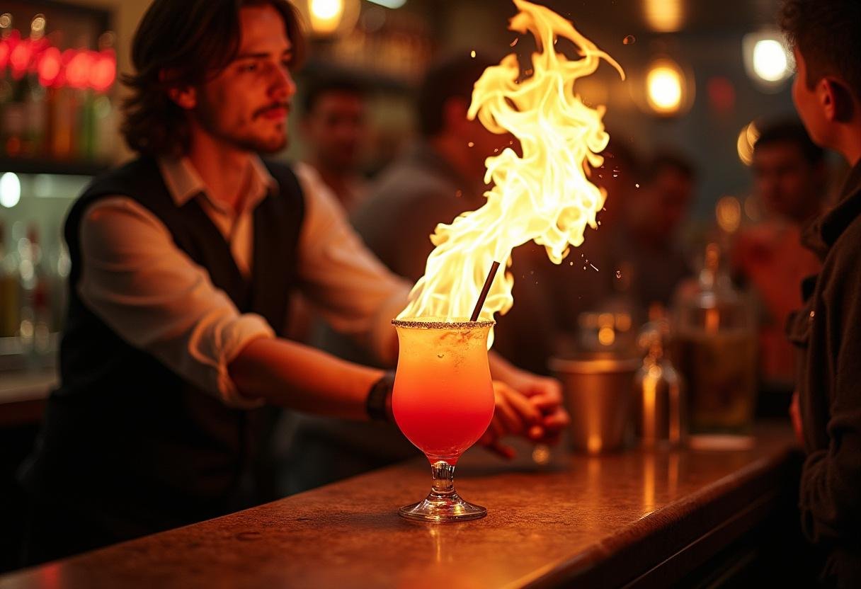 Bartender presenting The Simpsons Flaming Moe Drink in a lively bar atmosphere.