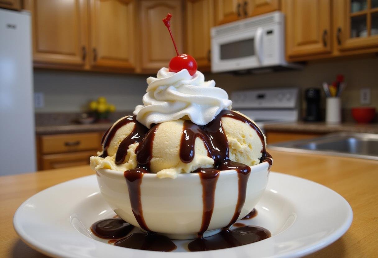 Final presentation of The Simpsons Ice Cream Sundae with vibrant layers and toppings, capturing the essence of a fun dessert.