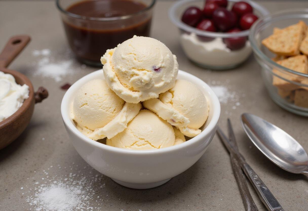 The Simpsons Ice Cream Sundae with scoops of vanilla ice cream and tasty toppings ready to be assembled.