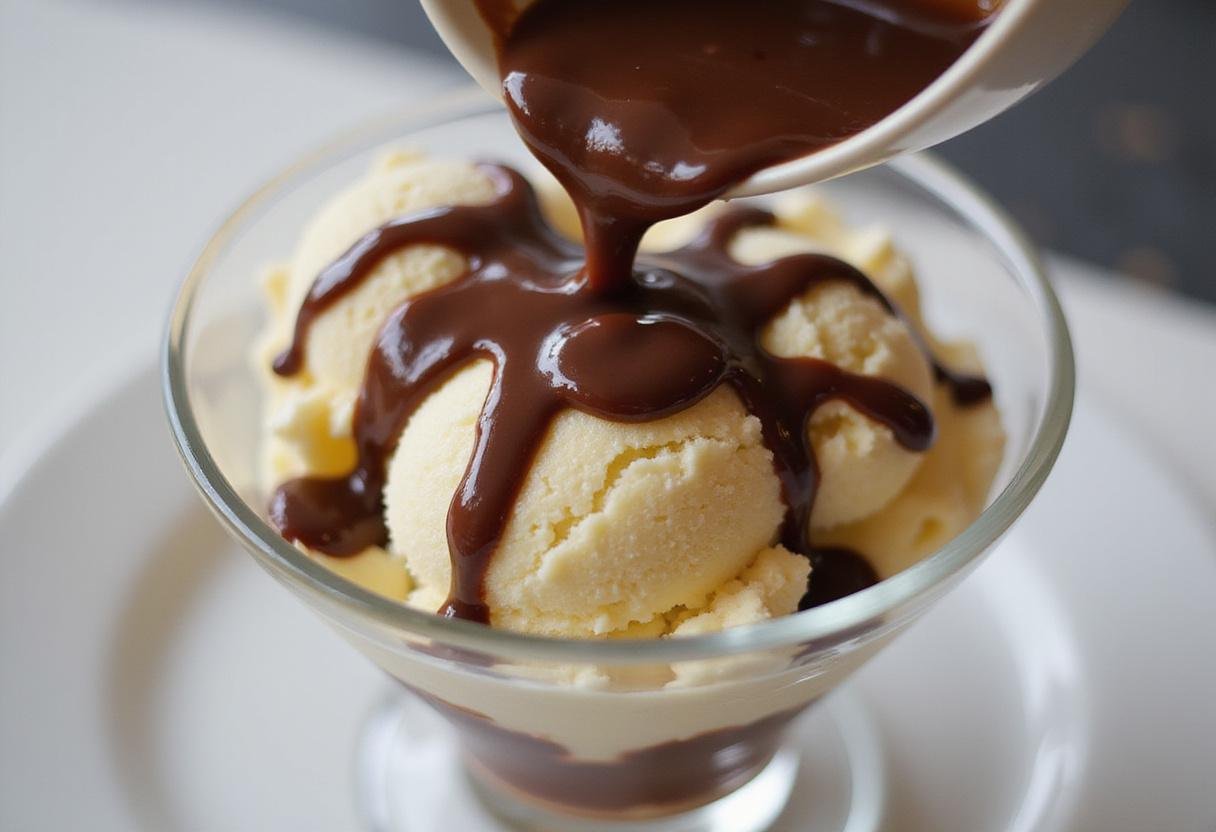 Delicious chocolate syrup being drizzled over vanilla ice cream for a Simpsons-inspired sundae.