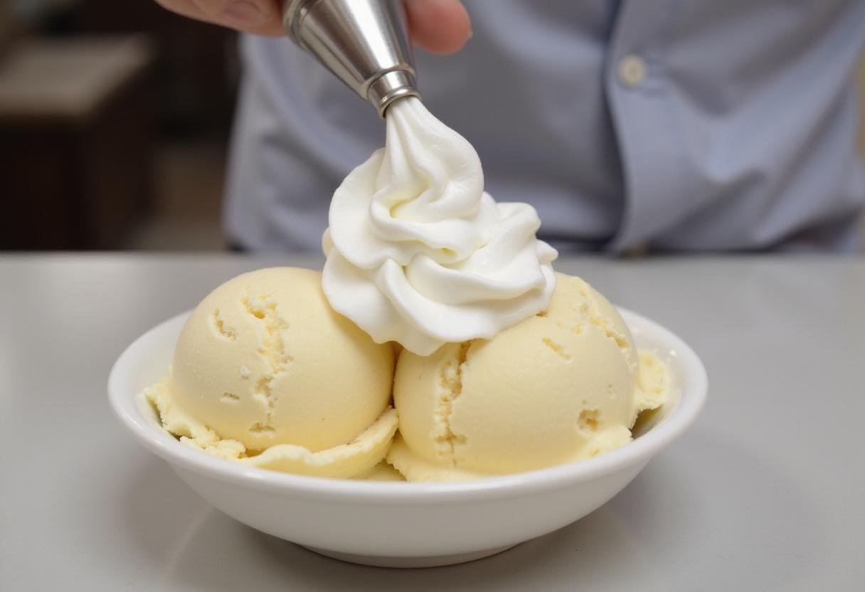 Whipped cream being piped onto the vanilla ice cream to add a decadent touch to the sundae.