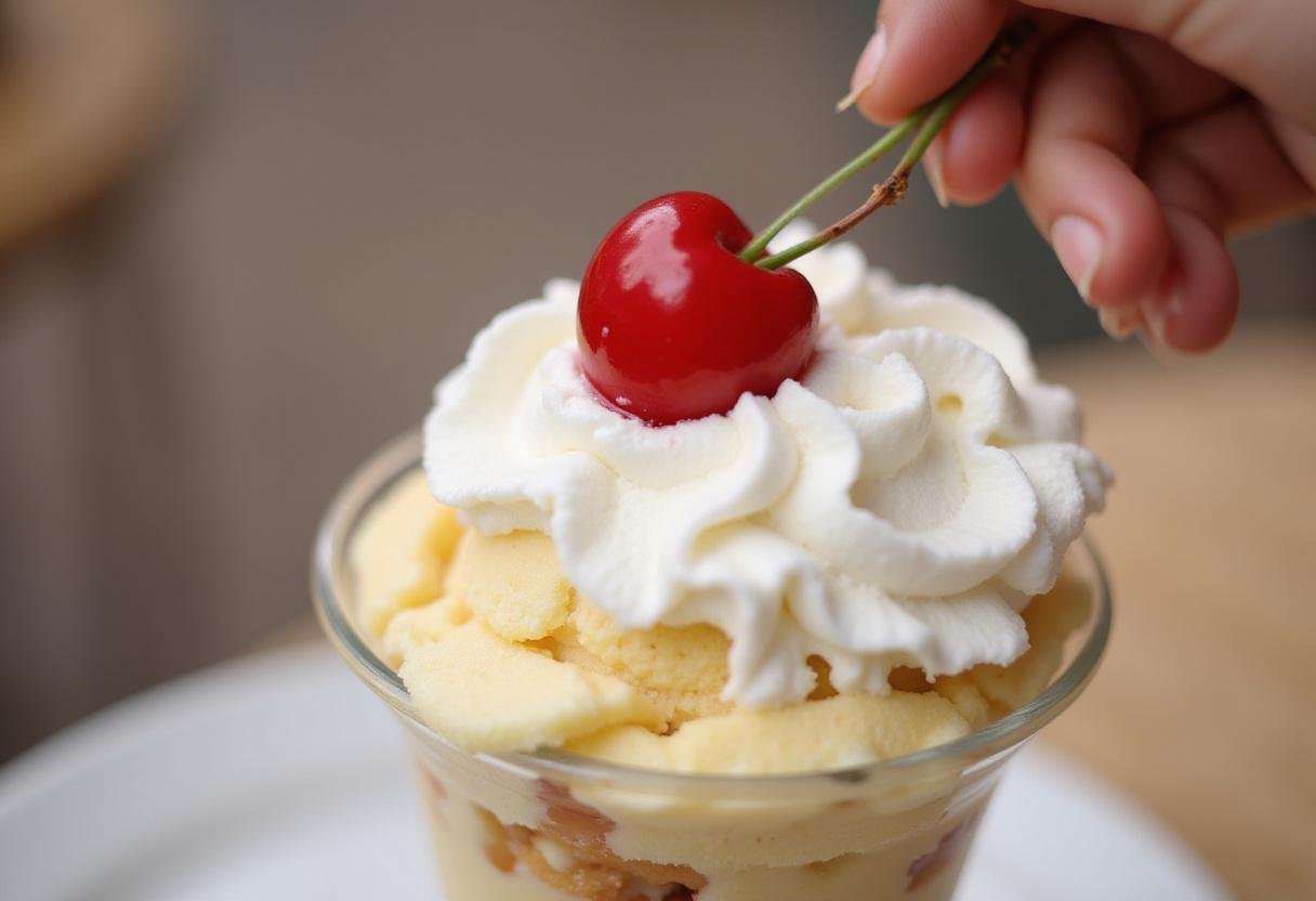 Adding a cherry on top of the whipped cream for a classic look on a Simpsons ice cream sundae.