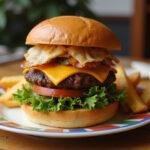Final presentation of The Simpsons Krusty Burger on a plate, served with fries, delicious and appealing dining scene.