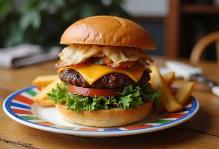 Final presentation of The Simpsons Krusty Burger on a plate, served with fries, delicious and appealing dining scene.