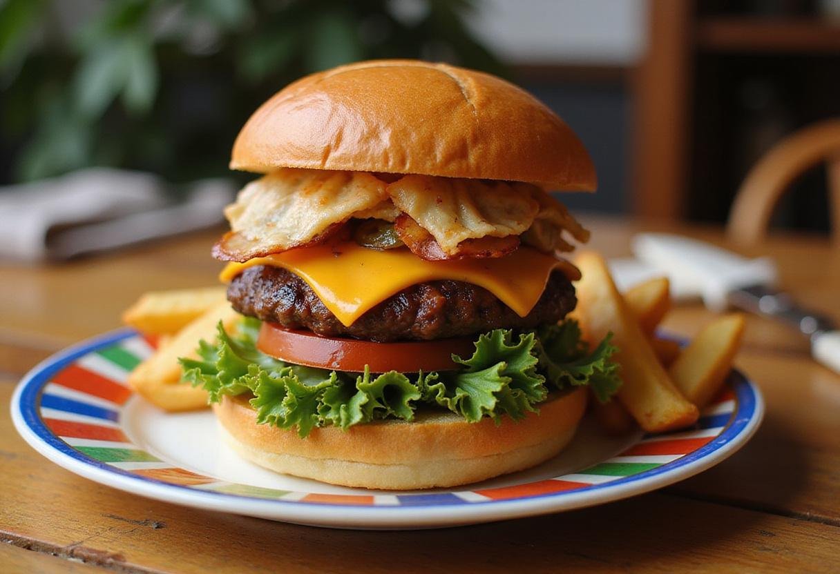 Final presentation of The Simpsons Krusty Burger on a plate, served with fries, delicious and appealing dining scene.