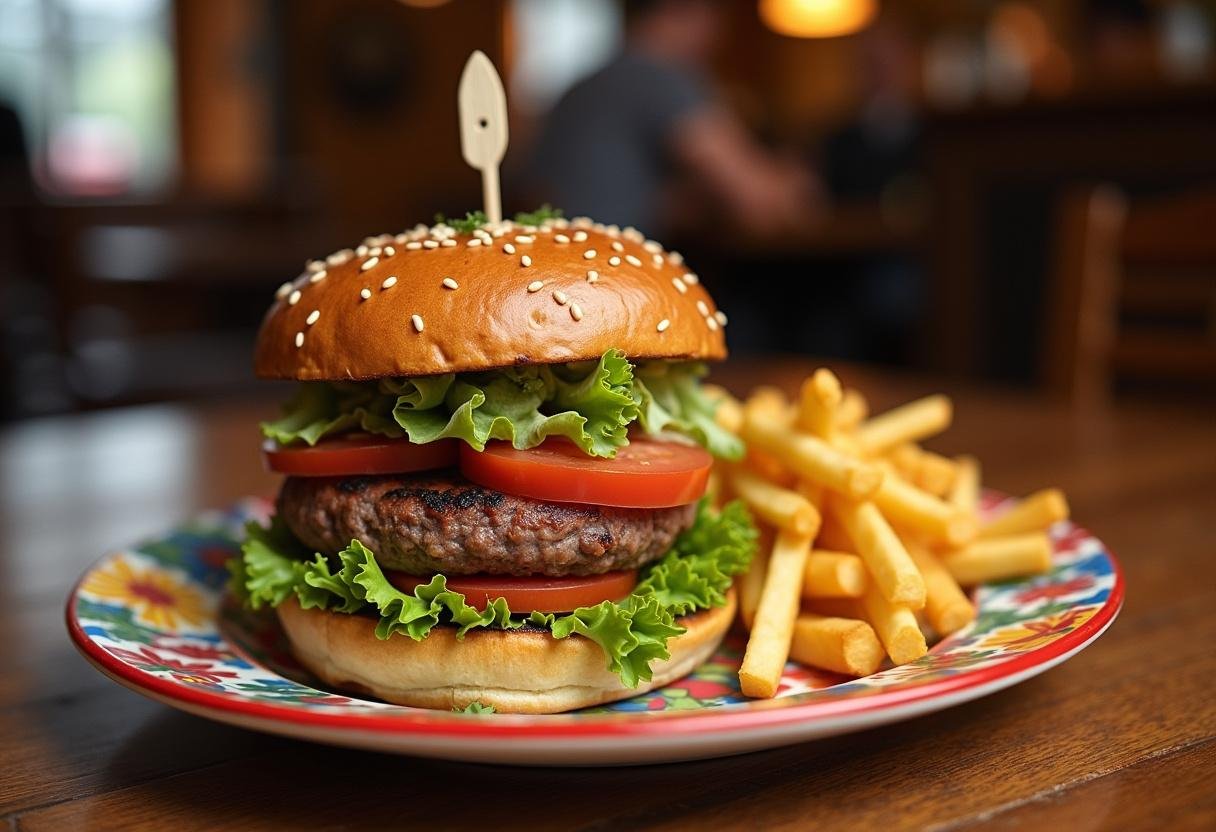 Final presentation of The Simpsons Krusty Burger on a plate, served with fries, delicious and appealing dining scene.