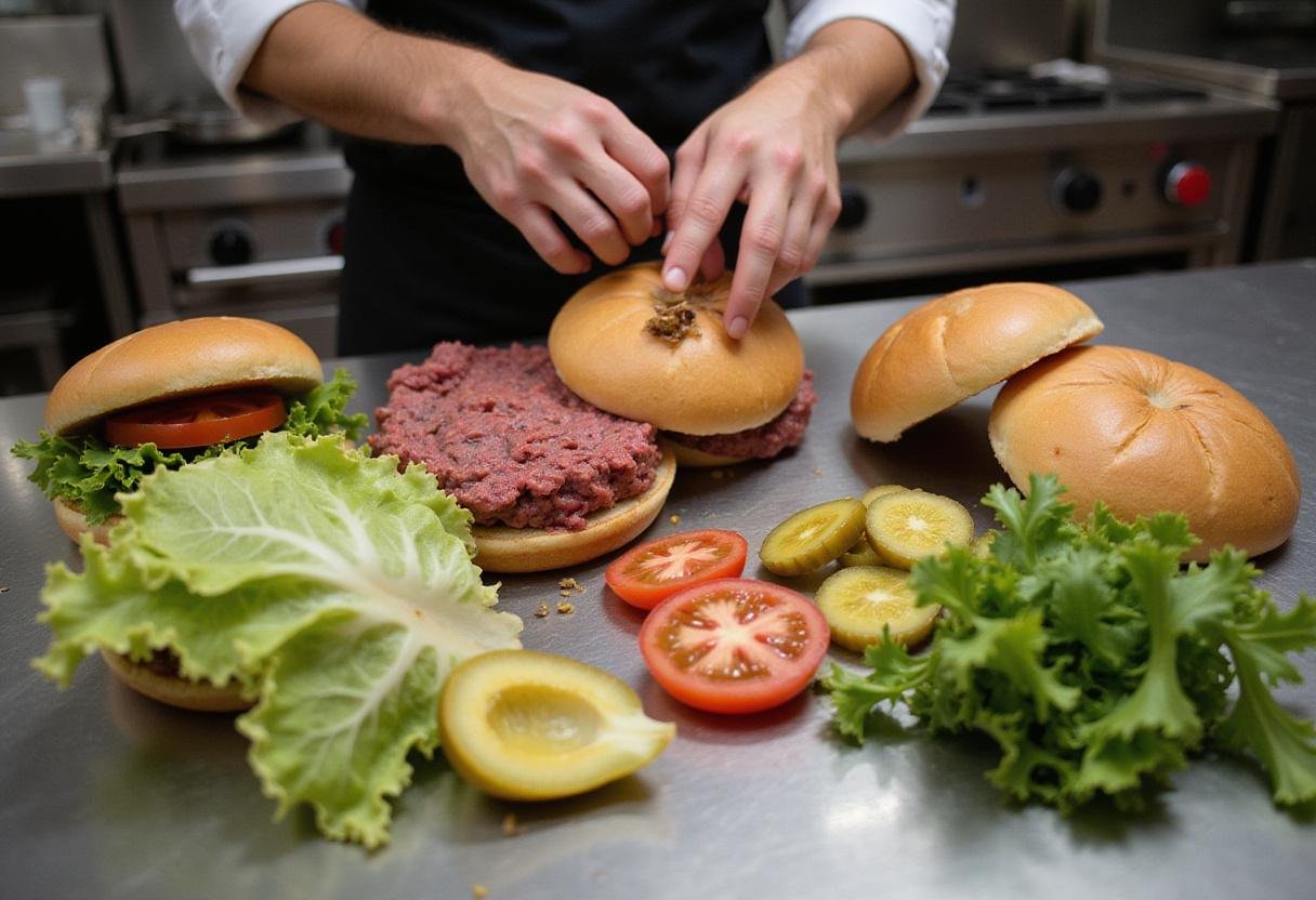 Preparing ingredients for The Simpsons Krusty Burger, fresh beef, lettuce, tomatoes on a countertop, kitchen scene.