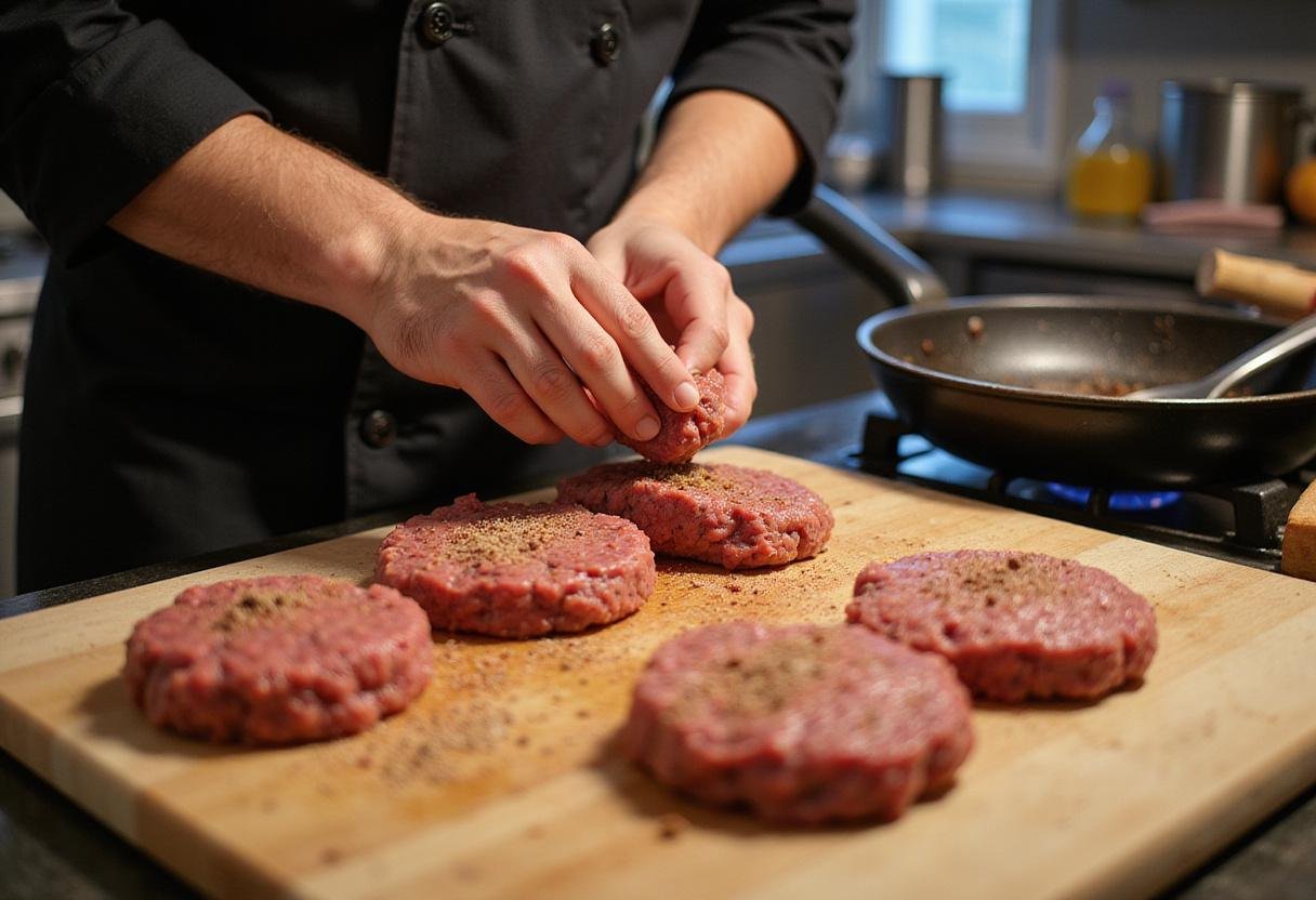 Shaping burger patties for The Simpsons Krusty Burger, seasoned ground beef on a cutting board, frying pan on the stove.