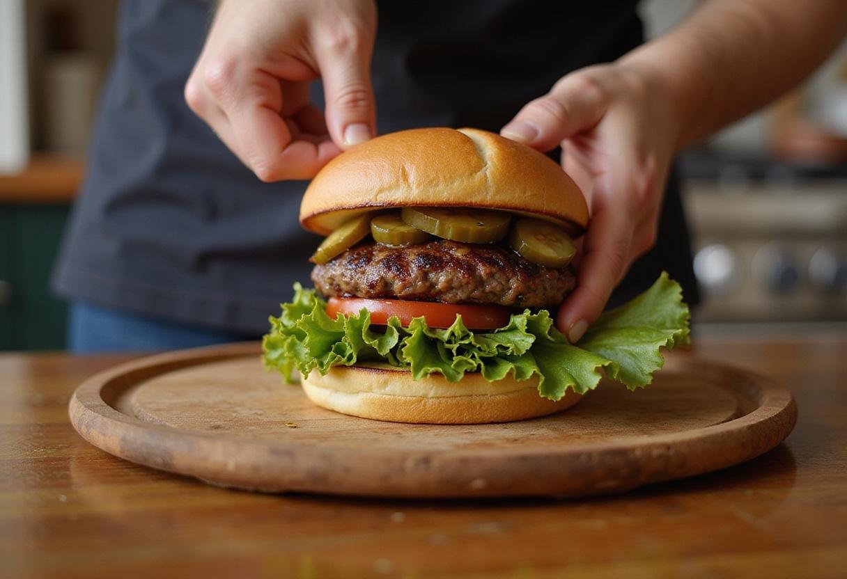 Assembling The Simpsons Krusty Burger on a wooden tray, delicious layers of beef, lettuce, tomato, pickles, kitchen backdrop.