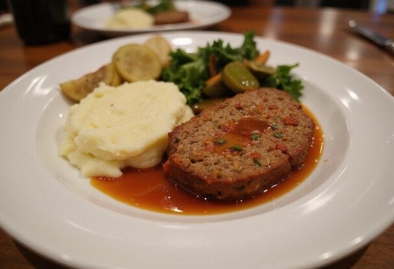A delicious plate of The Simpsons Meatloaf served with mashed potatoes and vegetables, showcasing a classic comfort food scene.