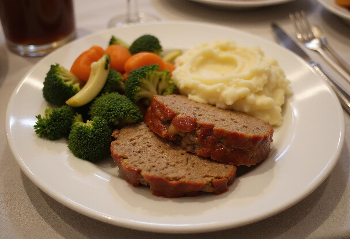 A delicious plate of The Simpsons Meatloaf served with mashed potatoes and vegetables, showcasing a classic comfort food scene.