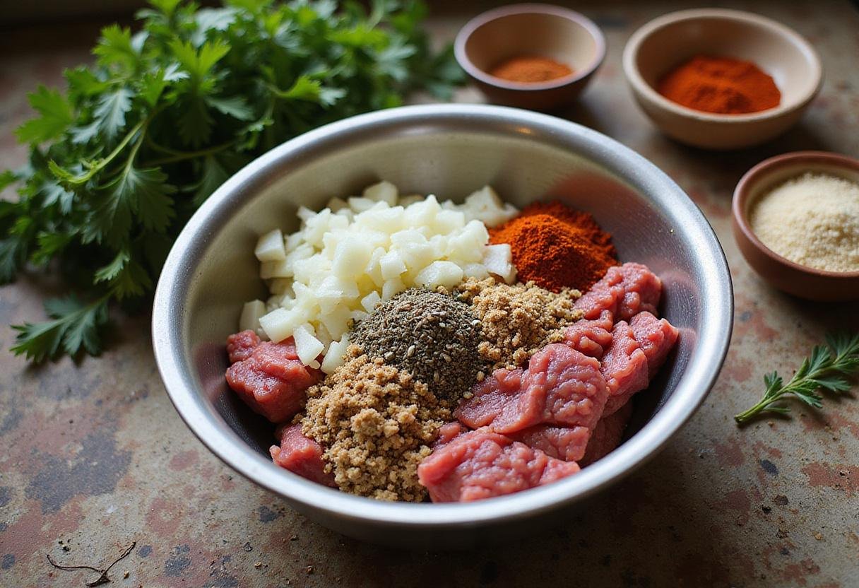 Ingredients for The Simpsons Meatloaf including ground beef, breadcrumbs, and fresh herbs on a rustic kitchen countertop.