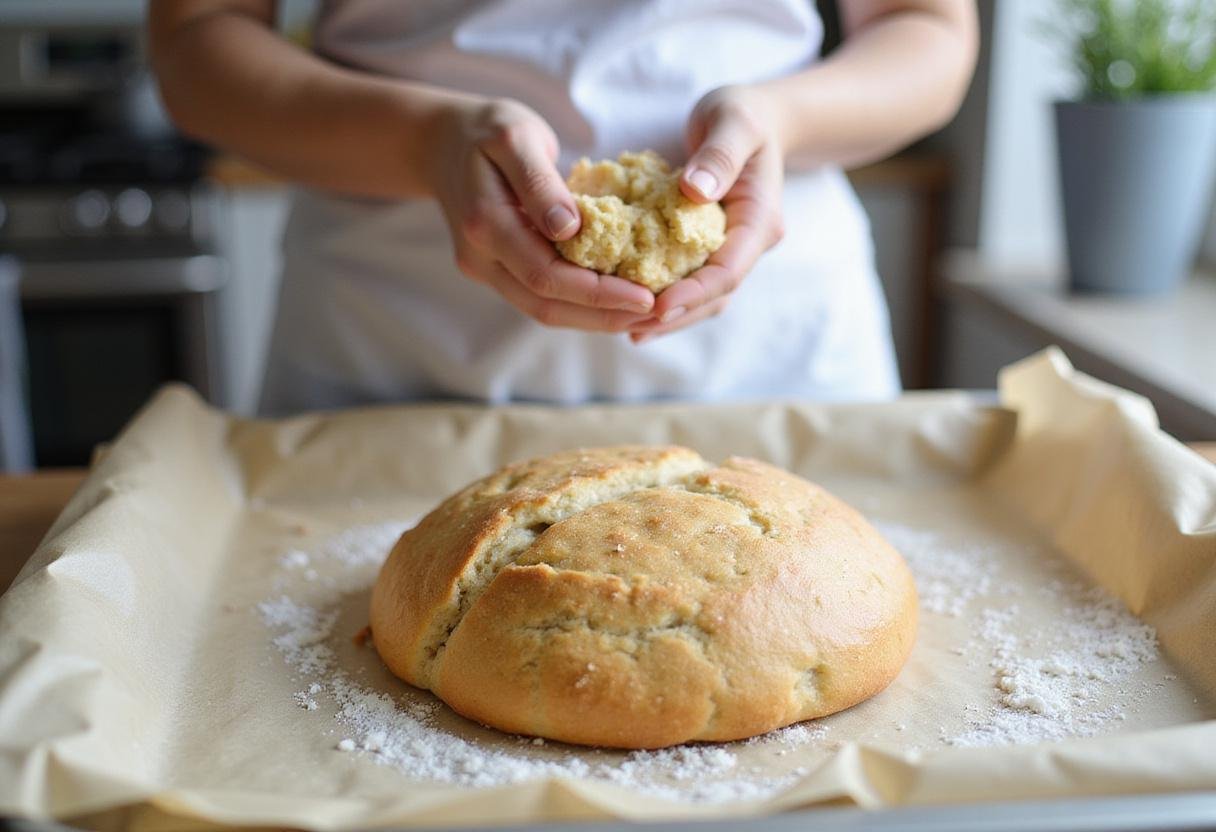 Shaping The Simpsons Meatloaf mixture into a loaf on a parchment-lined baking tray in a bright kitchen.