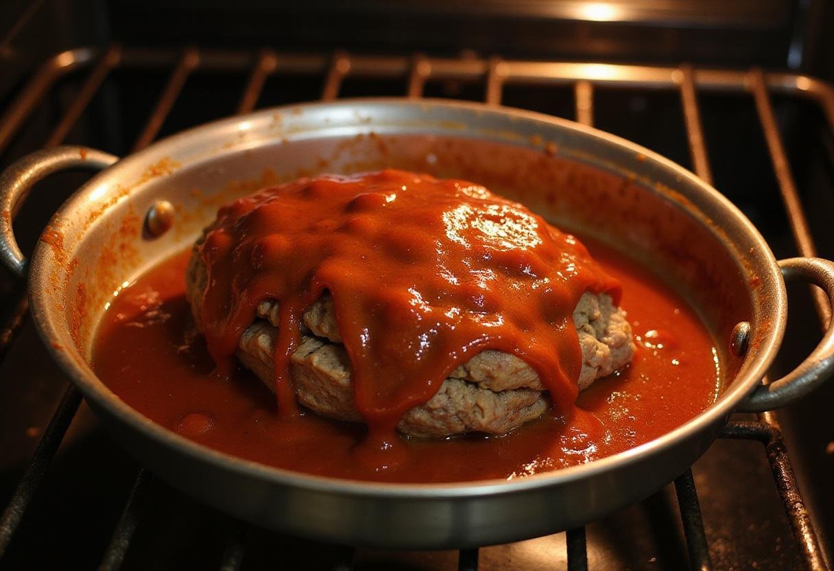 Applying a ketchup glaze to The Simpsons Meatloaf before baking, capturing the savory dish in the oven.
