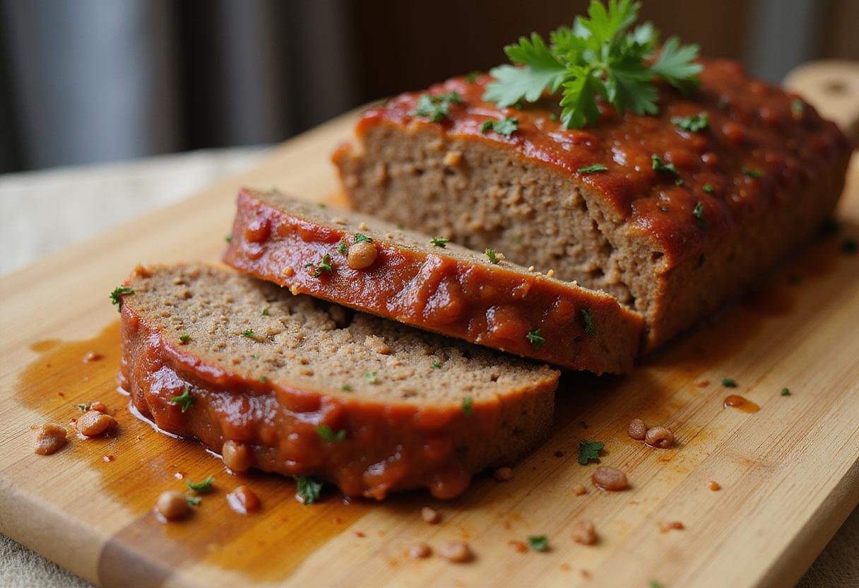 Juicy slices of The Simpsons Meatloaf resting on a wooden cutting board, showcasing its savory texture and garnished with fresh parsley.