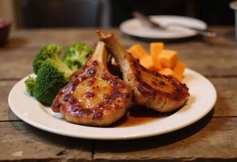 Deliciously glazed The Simpsons Pork Chops served on a rustic table, showcasing the perfect family meal.