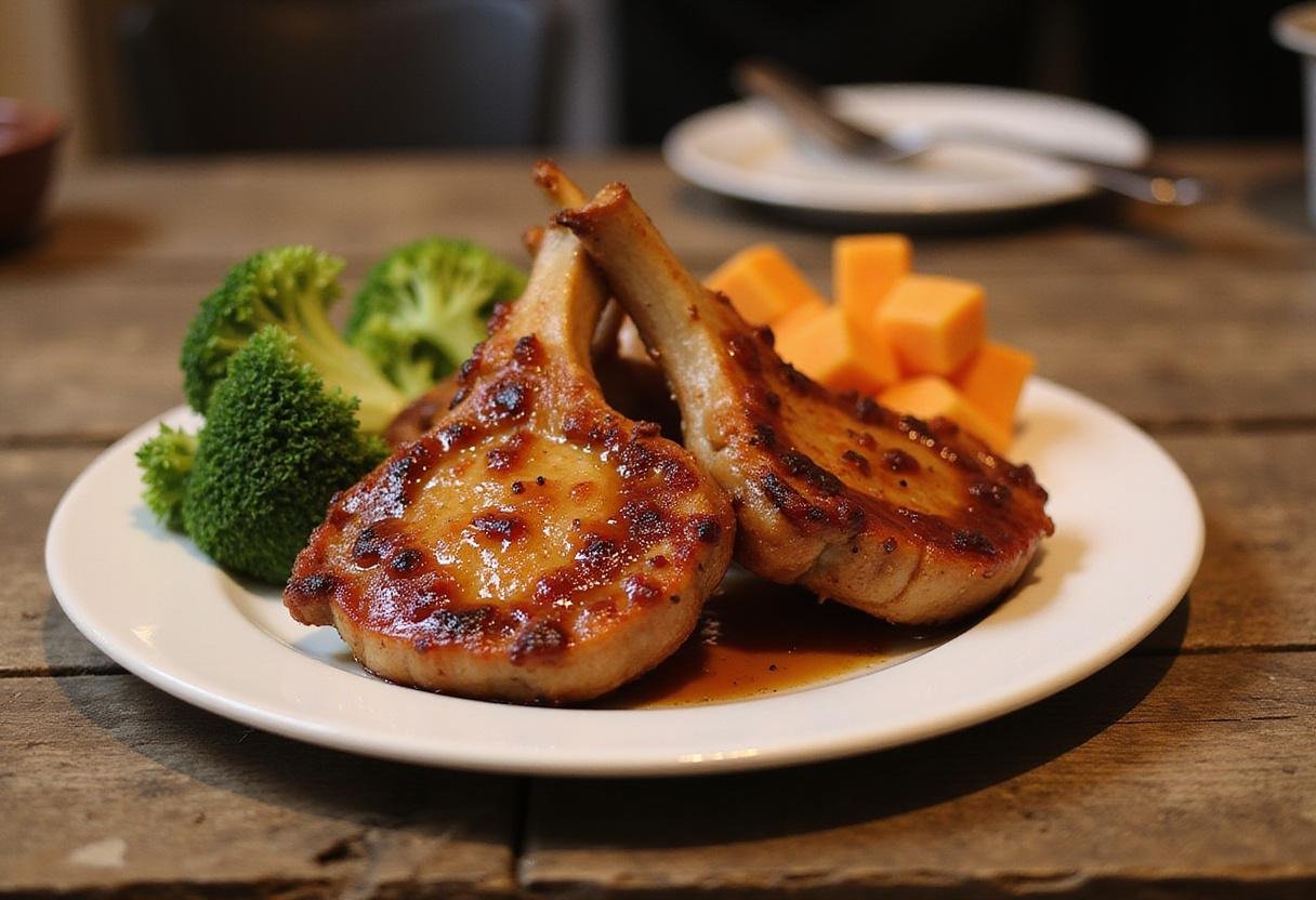 Deliciously glazed The Simpsons Pork Chops served on a rustic table, showcasing the perfect family meal.