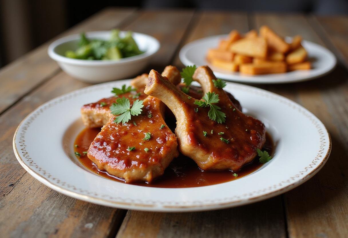 Deliciously glazed The Simpsons Pork Chops served on a rustic table, showcasing the perfect family meal.