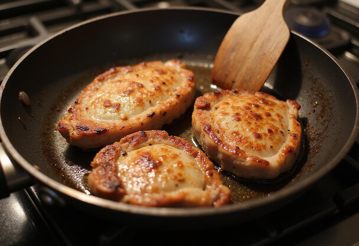 Searing pork chops in a skillet for The Simpsons Pork Chops recipe, creating a perfect golden crust.