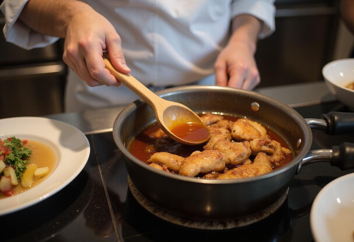 Preparing the flavorful glaze for The Simpsons Pork Chops recipe, combining ingredients in a saucepan for a sweet and tangy finish.