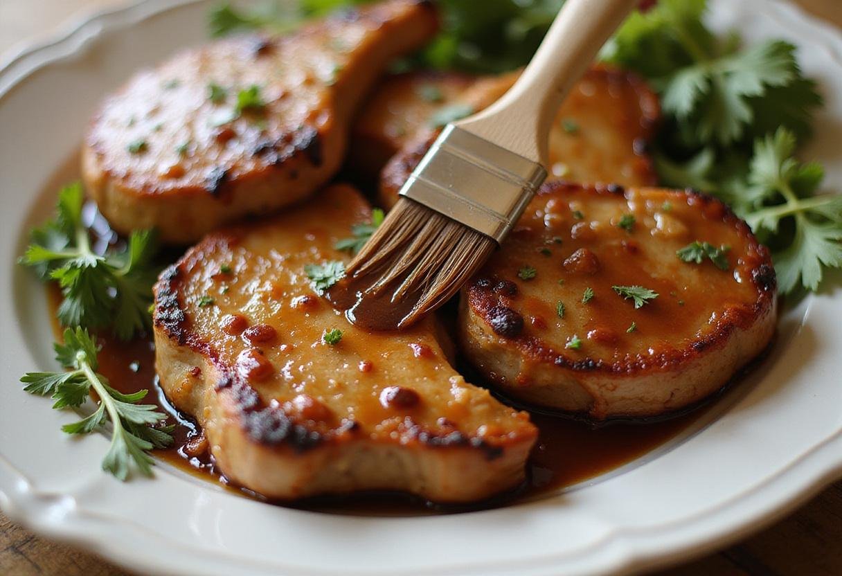 Brushing glaze onto succulent pork chops for The Simpsons Pork Chops, garnished with fresh herbs and side dishes.