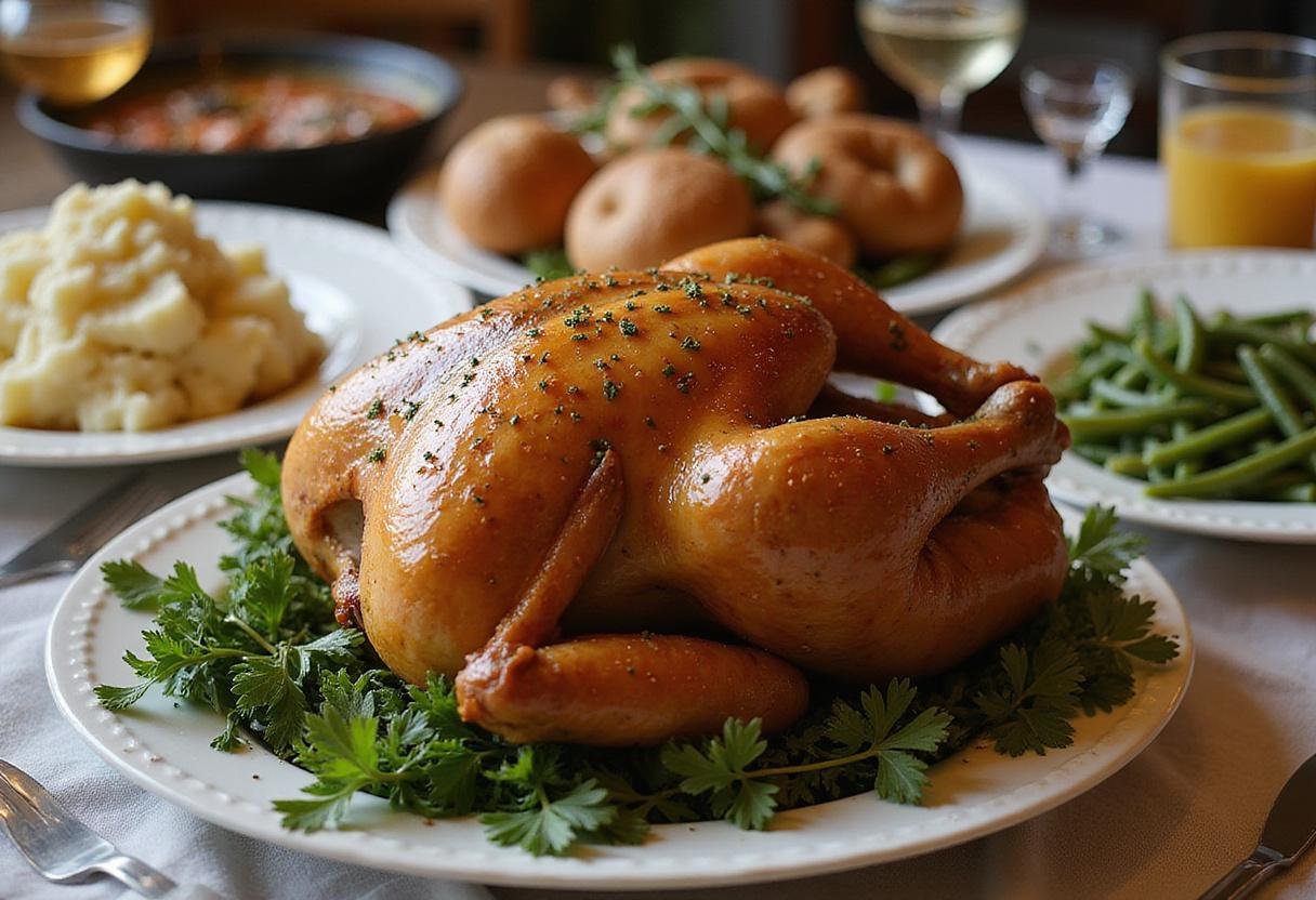 An exquisite display of a perfectly roasted turkey with sides like mashed potatoes and green beans, served for a delightful Simpsons Turkey Dinner on a festive table.