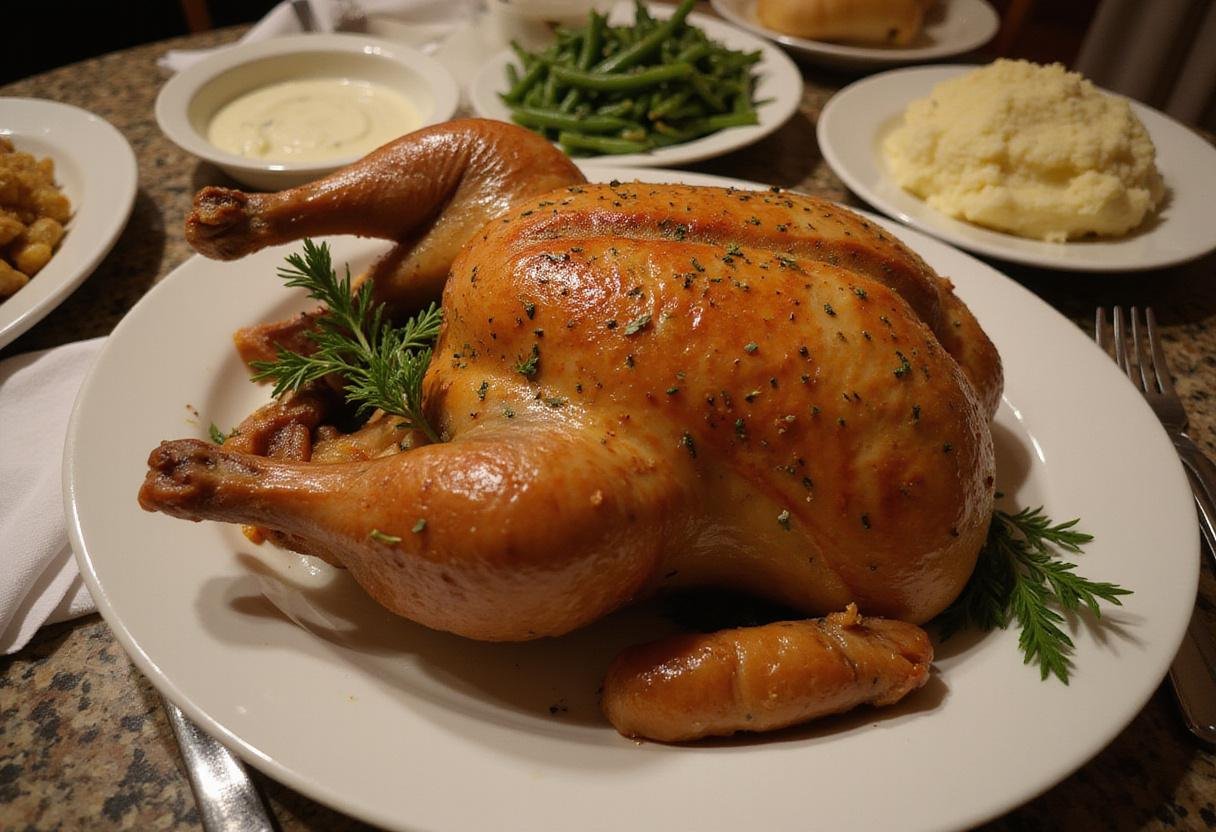 An exquisite display of a perfectly roasted turkey with sides like mashed potatoes and green beans, served for a delightful Simpsons Turkey Dinner on a festive table.