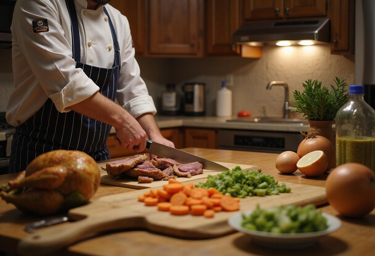 Preparing fresh vegetables for a delicious Simpsons Turkey Dinner, including chopped carrots, celery, and onions, in a cozy kitchen.