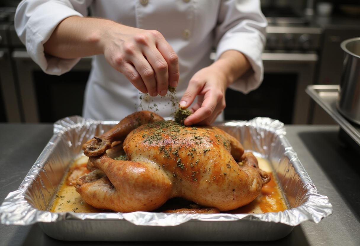 Seasoning a whole turkey with herbs and spices for a classic Simpsons Turkey Dinner, placed in a roasting pan while cooking in a well-equipped kitchen.