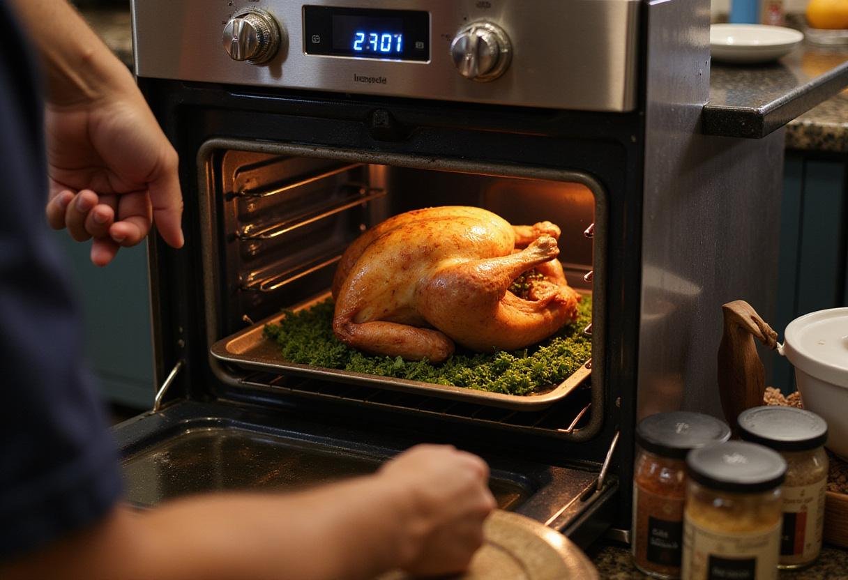 A chef placing a seasoned turkey into the oven, preparing for a traditional Simpsons Turkey Dinner in a well-organized kitchen filled with culinary tools.