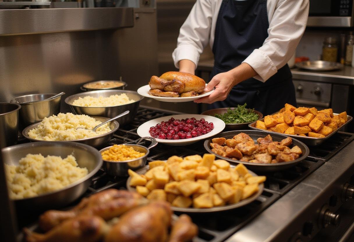 Creating colorful side dishes like mashed potatoes and cranberry sauce for a joyous Simpsons Turkey Dinner in an inviting kitchen setting.