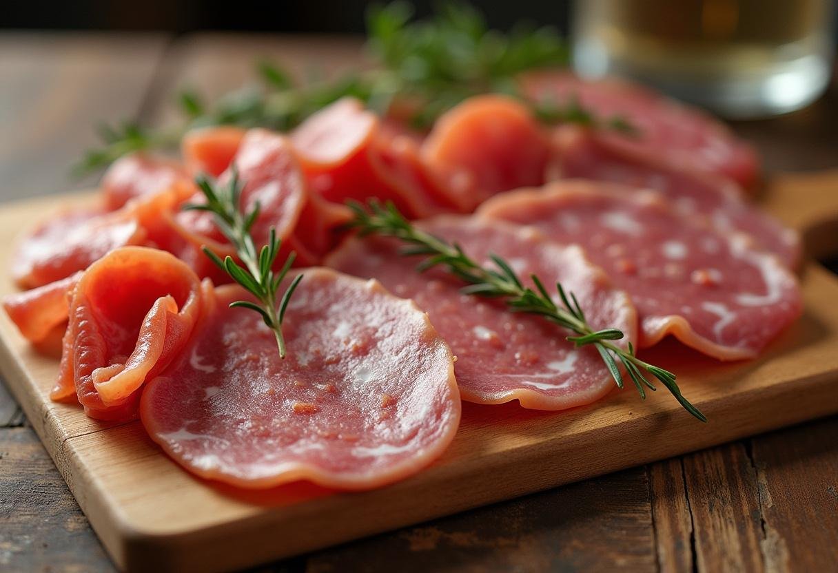 Artfully arranged capicola, prosciutto, and salami on a charcuterie board for The Sopranos Capicola Platter.