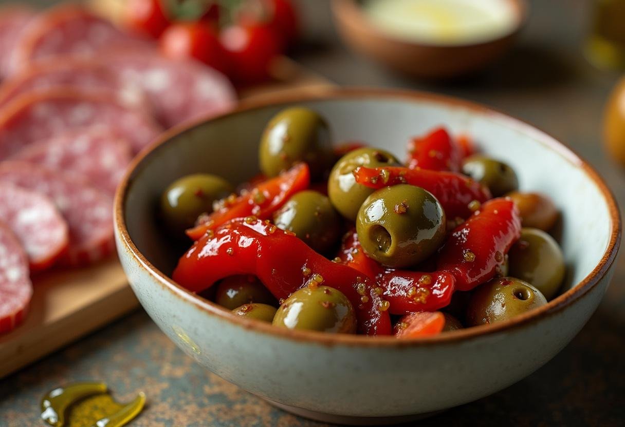 Marinated olives and roasted red peppers served alongside The Sopranos Capicola Platter.