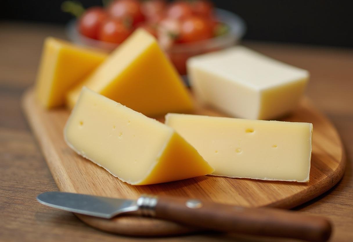 Assorted cheeses like provolone and mozzarella presented on the charcuterie board for The Sopranos Capicola Platter.