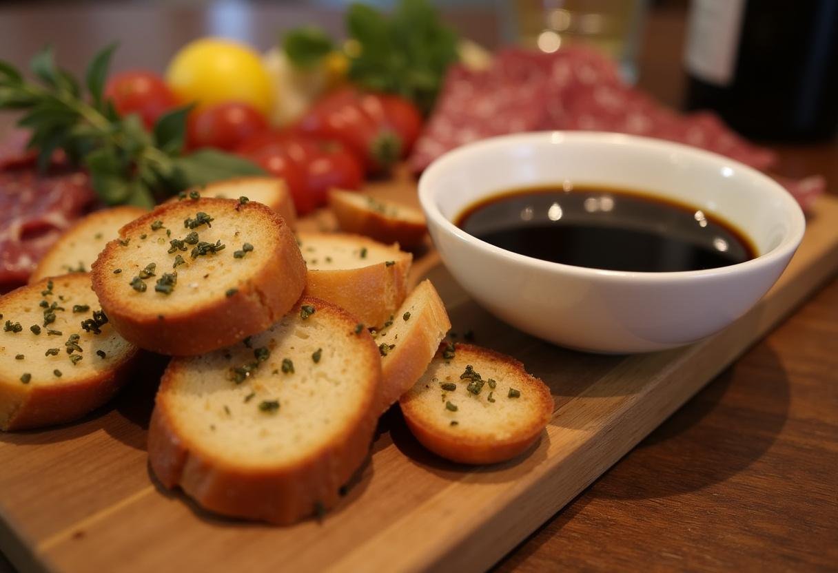 Balsamic vinegar and crusty bread prepared for serving with The Sopranos Capicola Platter.