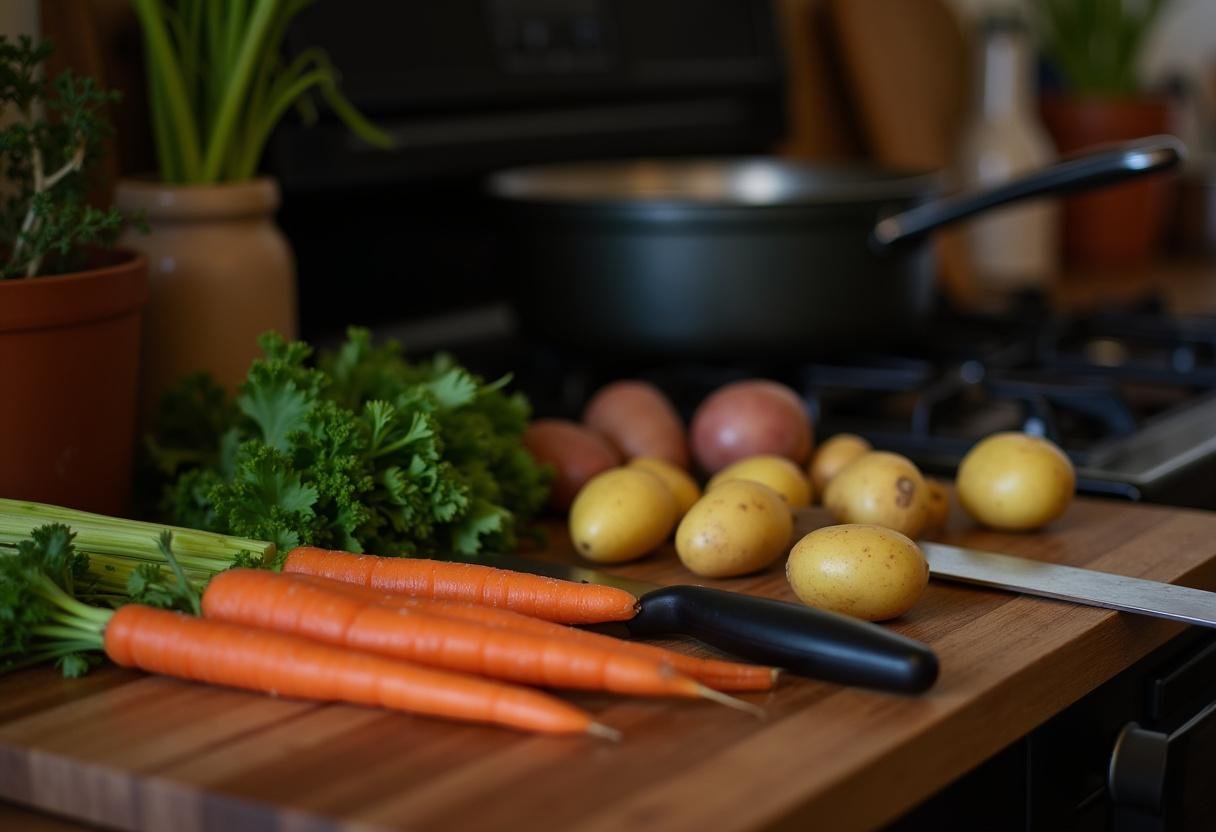 Fresh ingredients for Walking Dead Survival Stew including chopped carrots, potatoes, and celery, creating a hearty meal preparation scene.