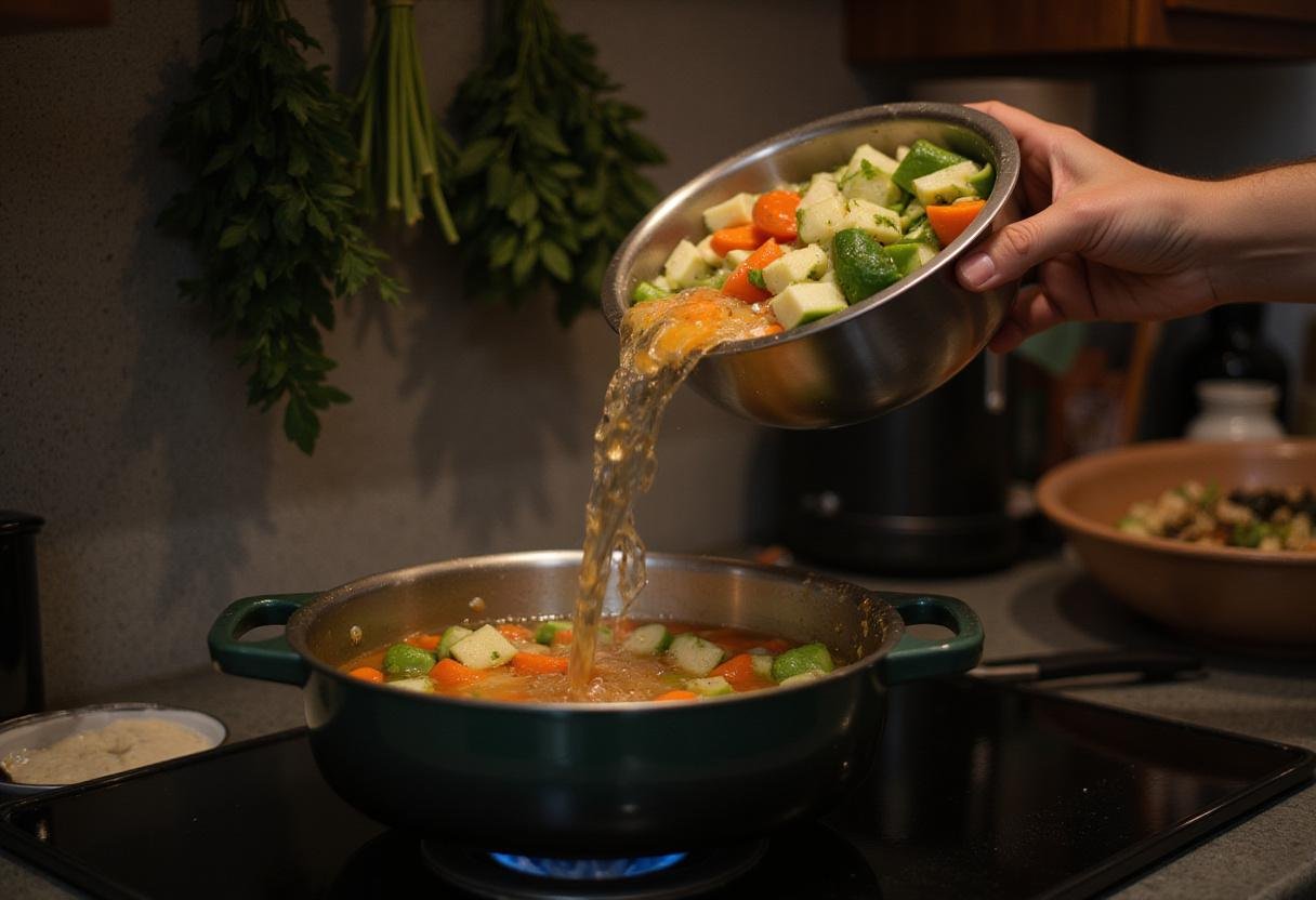 Pouring vibrant vegetables into the pot for Walking Dead Survival Stew, showcasing the beginning of a flavorful meal in a rustic kitchen.