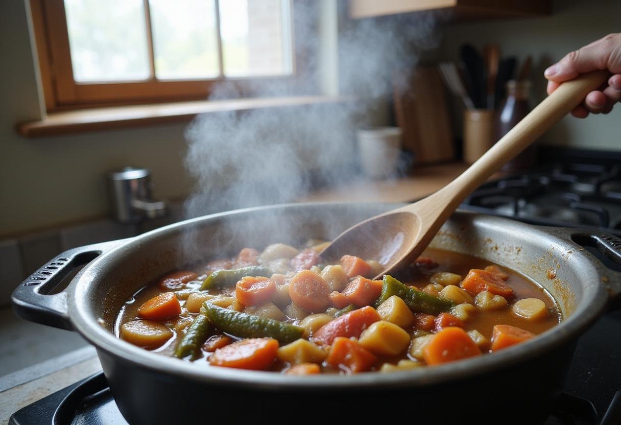 Stirring the hearty Walking Dead Survival Stew capturing the delicious and warming flavors of a survival meal being prepared.
