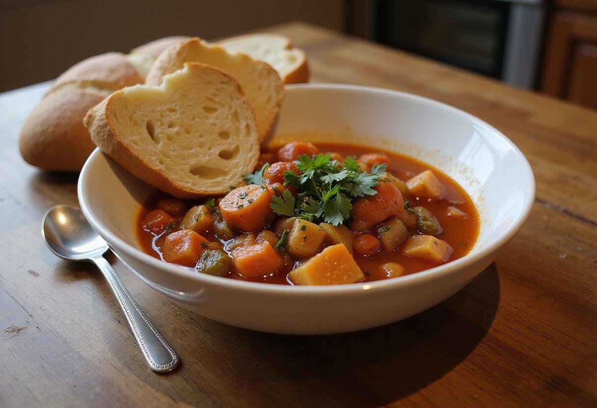 The complete Walking Dead Survival Stew served in a bowl, ready to enjoy, highlighting a comforting and satisfying meal in a rustic kitchen.