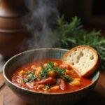 Deliciously served Witcher stew with bread, perfect for a cozy dining experience.