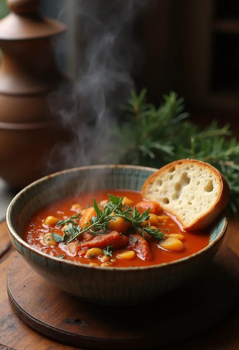 Deliciously served Witcher stew with bread, perfect for a cozy dining experience.