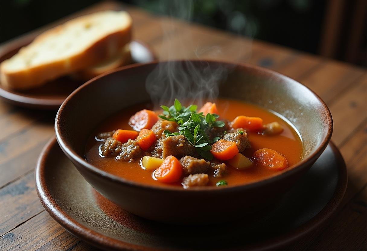 Deliciously served Witcher stew with bread, perfect for a cozy dining experience.