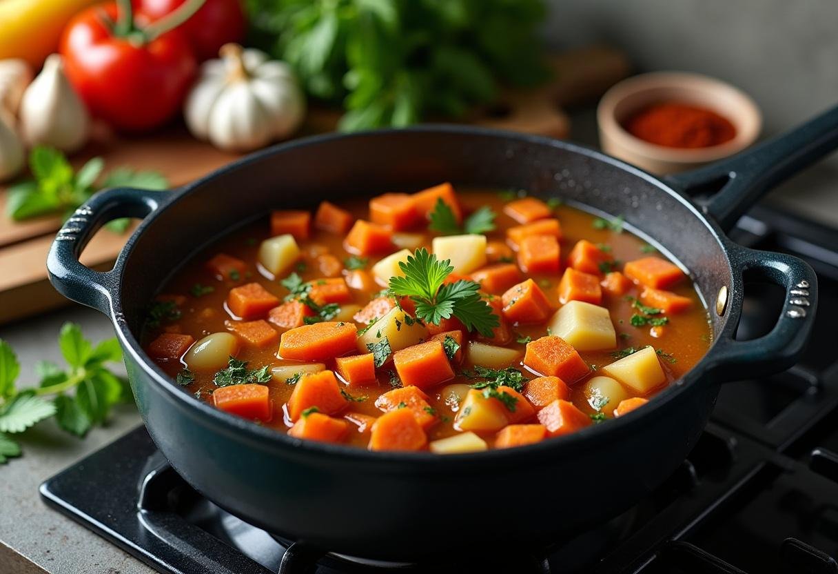Diced vegetables and fresh ingredients prepared for The Witcher Stew.