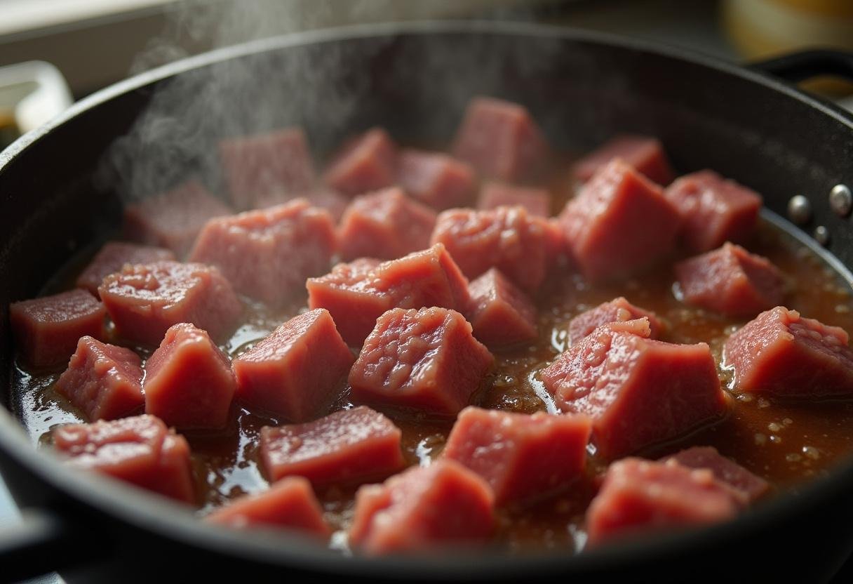 Adding meat to the pot for The Witcher Stew, enhancing the flavor and texture.
