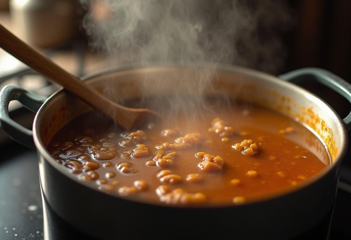 Stirring the ingredients in The Witcher Stew pot, creating a savory, hearty dish.