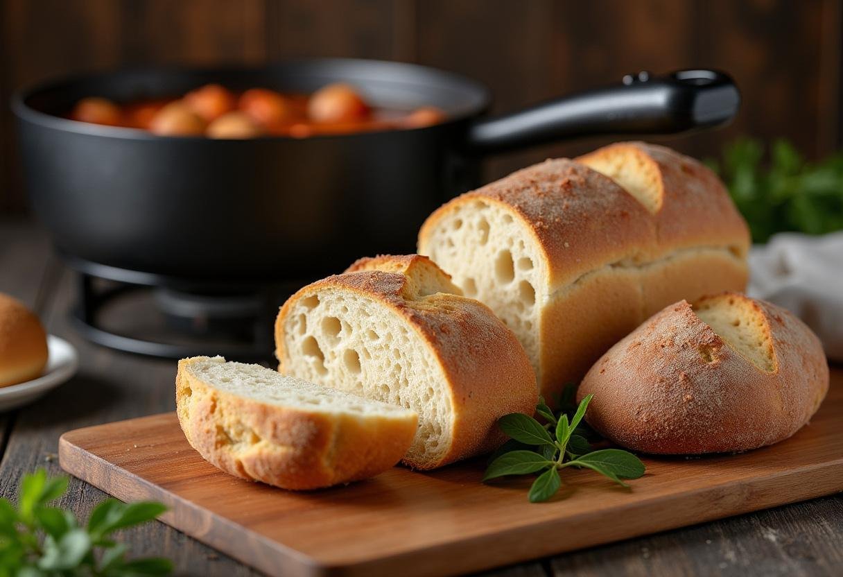 Slicing rustic bread to accompany The Witcher Stew for a complete meal.